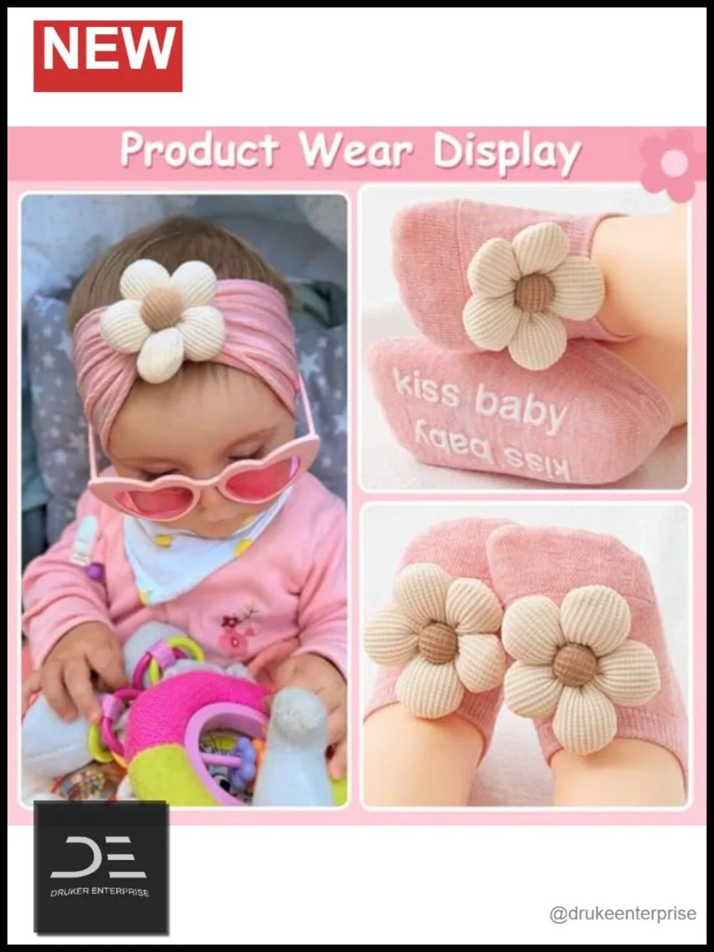 Baby Girl Flower Headbands & Non-Slip Socks Set - Nylon, Spandex - Newborn